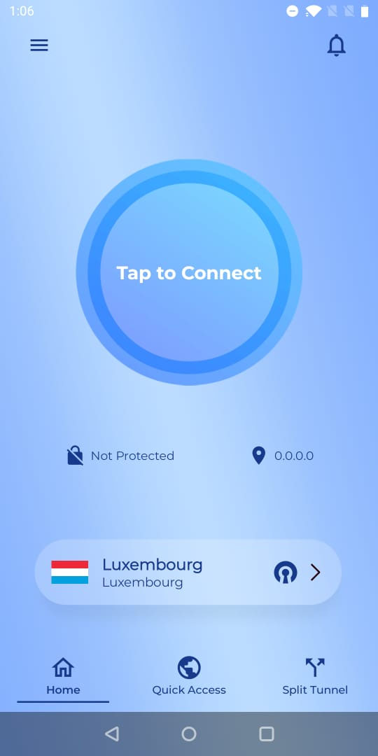 KloudVPN app main screen - one-tap connect, secure your connection